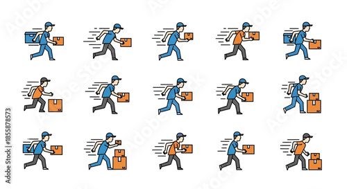 Delivery Men Carrying Parcels in Various Poses.