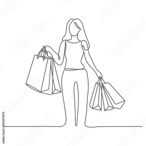 Continuous singe one line drawing art of happiness woman holding paper shopping bags after shopping for personal needs. Shopping fashion, cosmetics, makeup in a large shopping center concept.
