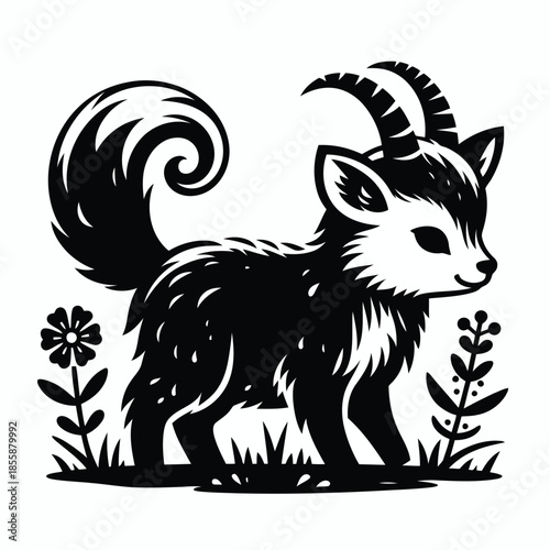 Black and white illustration of a goat standing in grass with flowers vector