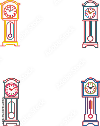 Four Colorful Grandfather Clocks with Pendulums and Roman Numerals