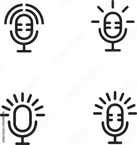 Four microphones with light rays and smiley faces happy