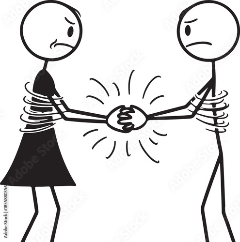Two stick figures shaking hands with angry faces and sparks