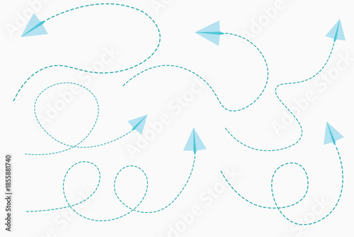 Paper plane direction arrows with curved dashed paths, ideal for travel concepts and navigation graphics.