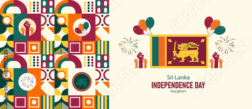 Sri Lanka Independence Day. Latest horizontal Poster Banner and Background Design Template Featuring Lion Flag Palm Fronds National Colors pattern Illustration for February 4 Freedom Celebration