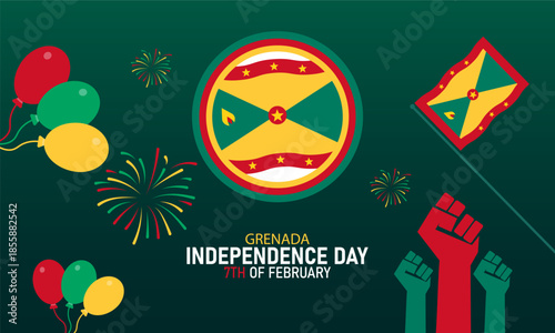 Grenada Independence Day Poster Banner and Background Design Template Featuring Nutmeg Flag Palm Trees Caribbean Colors Freedom Arch Illustration for February 7 National Holiday Theme