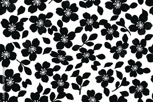 A bold seamless floral pattern with black blossoms and leaves on a clean white background, creating a modern, elegant design ideal for prints, textiles, and decor.