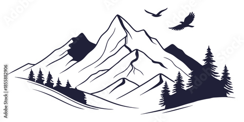Minimalist mountain range landscape with pine trees and flying birds, vector line art illustration for t-shirt design 