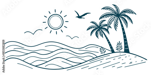 Modern minimalist tropical beach scene with palm trees, ocean waves, and sun, two-tone line art vector for poster or travel design