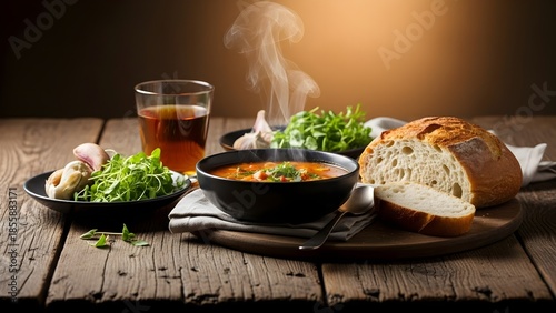 Steaming bowl of tomato soup with bread and salad on wooden table