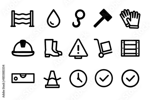 Construction safety icons: protective gear and warning symbols