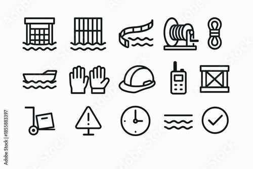 Industrial equipment and safety icons set: gloves, hard hat, life buoy, radio, boat