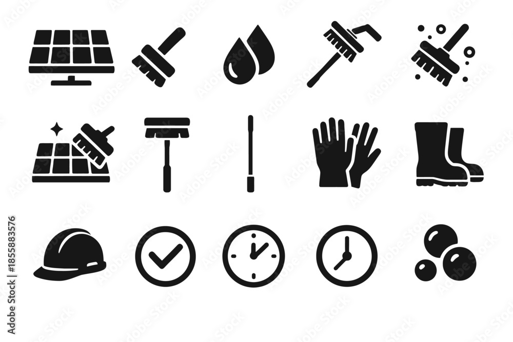 Obraz premium Solar panel cleaning equipment and symbols with safety icons
