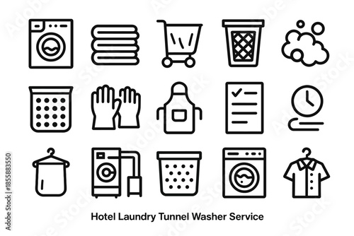 Laundry service icons: washing machine, laundry cart, basket, detergent, gloves