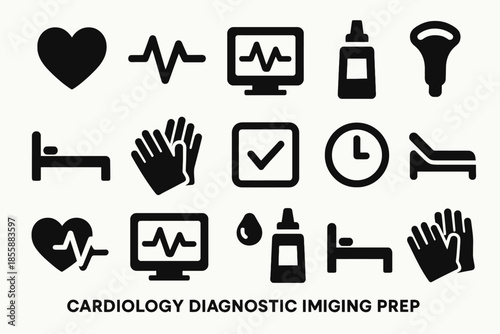 Cardiology diagnostic imaging symbols - heart, monitor, ultrasound, gloves, bed