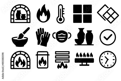 Pottery workshop tools and icons including kiln, thermometer, and gloves