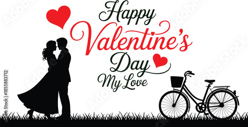 Happy Valentine's Day My Love calligraphy text with romantic couple silhouette kissing on grass near vintage bicycle and red hearts vector illustration