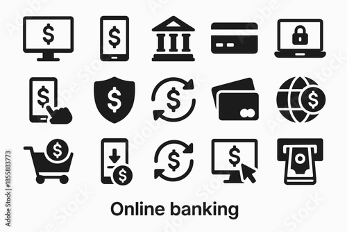 Online banking icons: mobile payment, security, money transfer, shopping, finance