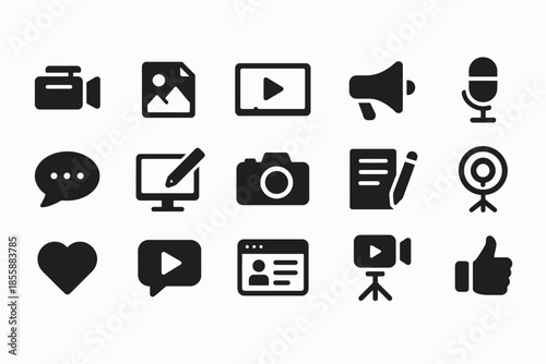 Media and communication icons: camera, microphone, video, audio, computer, document, heart, like