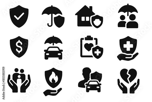 Insurance icons set: health, auto, home, family protection symbols