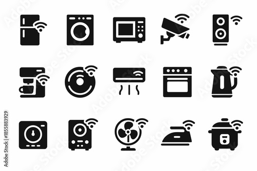 Smart home appliances icons: fridge, washer, oven, security, speaker, air conditioner