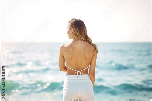 Minimalist Slim Female Back with Blurred Seascape Background