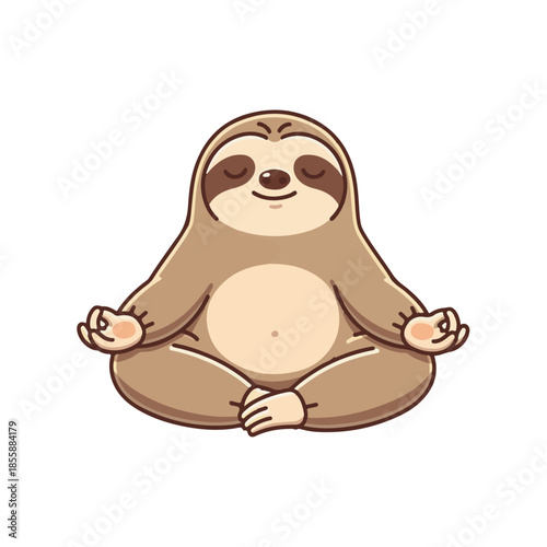 Adorable cartoon sloth character meditating peacefully in a relaxed lotus yoga pose, embodying tranquility and mindfulness, perfect for themes of stress relief, well-being, and slow living