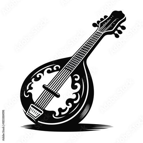 Black and white mandolin with decorative swirls isolated on white background vector