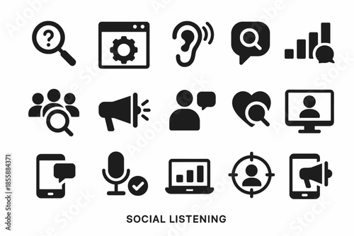 Social listening icons: communication, analytics, audience engagement