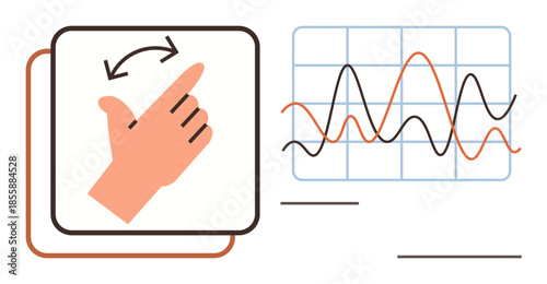 Hand swiping gesture paired with a dynamic chart featuring red and black trend lines. Ideal for innovation, technology, data visualization, analytics, motion control, interactivity, simple flat