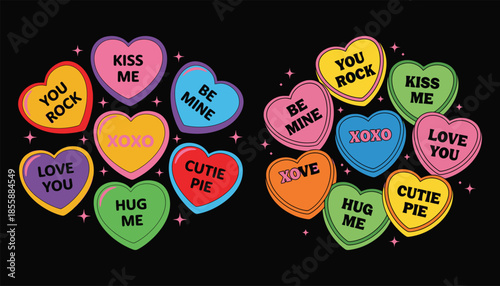 Sweet messages in a valentine conversation heart candy hearts border arrangement on a black background