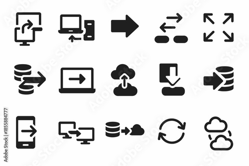 Technology icons: cloud sync, data transfer, device connectivity symbols