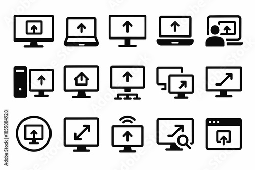 Arrow icons for upload and screen display on various electronic devices