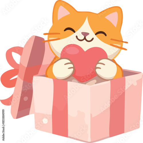 A cute cartoon kitten peeks out of a gift box while holding a heart, illustrated in a soft pastel Valentine’s Day style