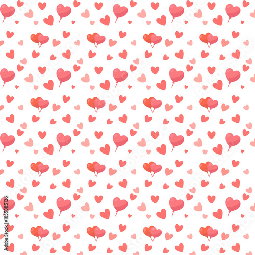 A seamless romantic pattern features scattered pink and red heart shapes and heart-shaped balloons floating across a clean