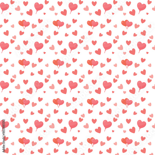 A seamless romantic pattern features scattered pink and red heart shapes and heart-shaped balloons floating across a clean