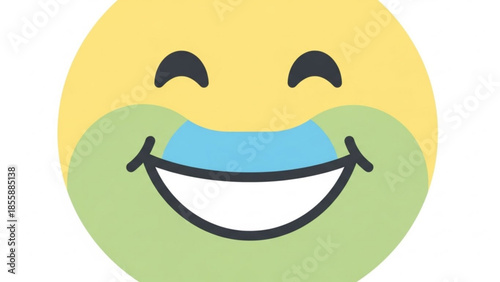 A smiling emoticon face with green cheeks and a blue mouth wearing a medical face mask on white background for health and safety concept in digital illustration