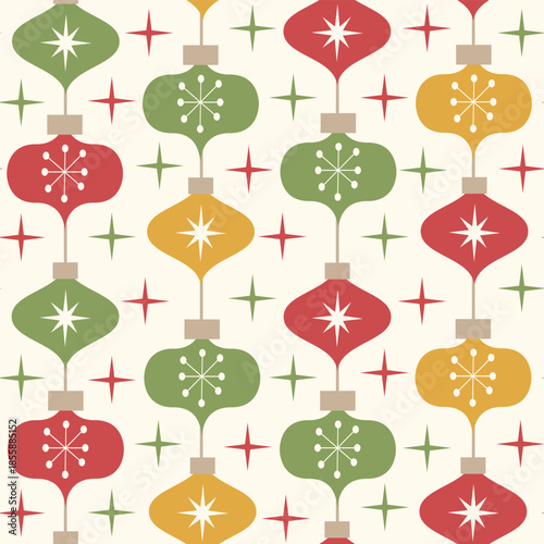 Mid century Christmas ornaments with atomic starbursts seamless pattern in green, red and mustard yellow on beige background. For Christmas print, wrapping paper and holiday decoration