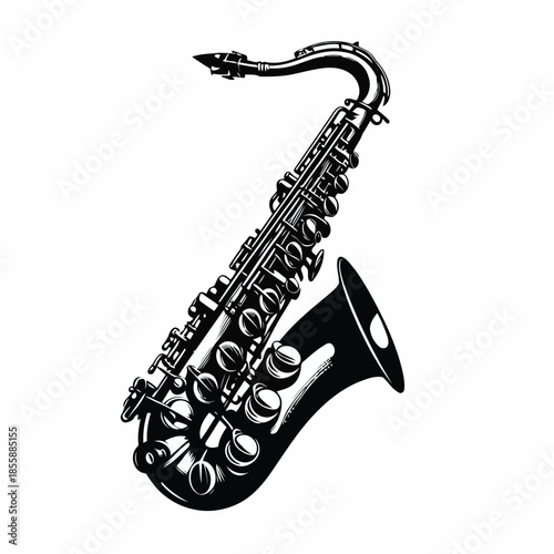 Black and white illustration of a saxophone on a white background vector