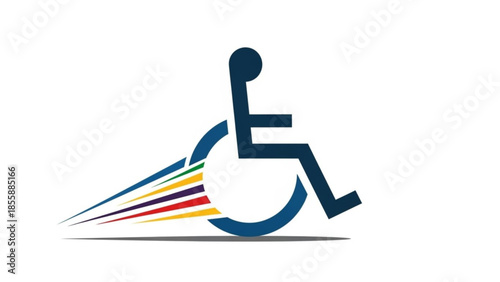 Dynamic wheelchair symbol with colorful motion lines, representing speed and accessibility for people with disabilities, mobility and independence