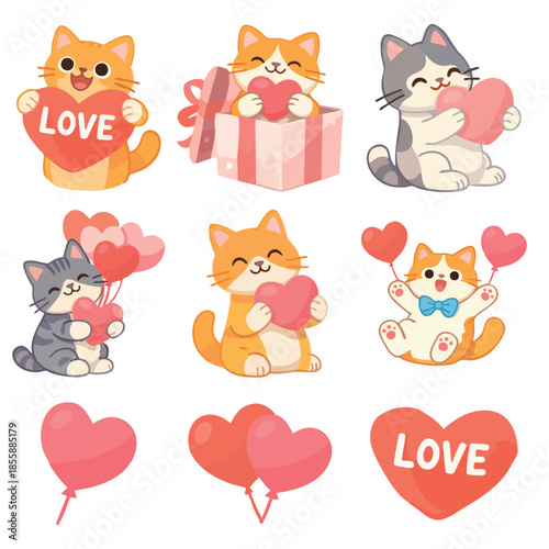 A cute Valentine’s Day illustration set shows adorable cartoon cats holding hearts, balloons, and gifts, arranged as separate flat icons