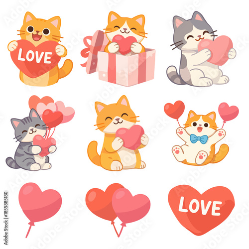 A cute Valentine’s Day illustration set shows adorable cartoon cats holding hearts, balloons, and gifts, arranged as separate flat icons