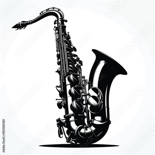 Black and white illustration of a saxophone on a white background vector