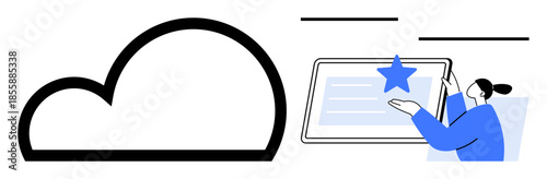 Technology, cloud computing, digital services, user interaction, data management, remote applications. Minimalist cloud icon and person interacting with a digital tablet. Technology and cloud