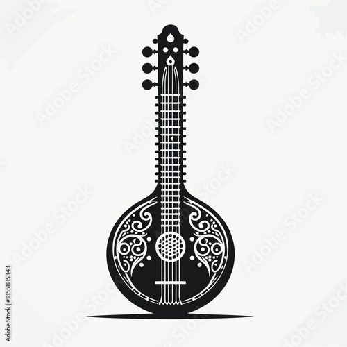 Black and white illustration of a mandolin with ornate designs on a white background vector