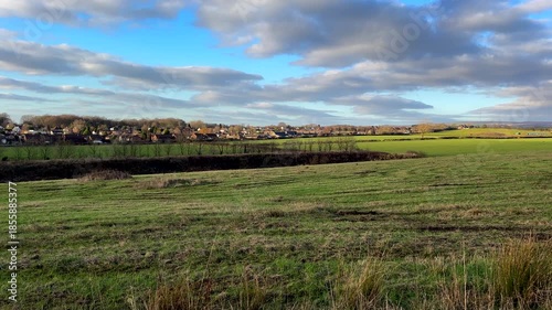 Winter landscape of English countryside in Greater Manchester pan, panning shot.