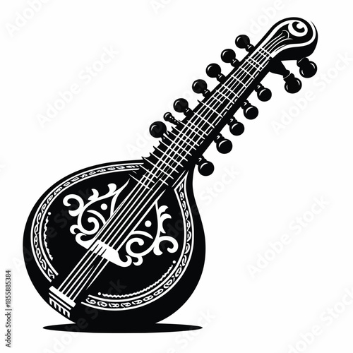 Black and white illustration of a mandolin with ornate designs on a white background vector