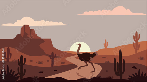 Desert landscape with ostrich at sunset
