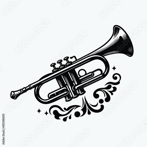 Black trumpet with decorative floral design on white background vector