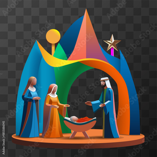 A modern colorful nativity scene illustration featuring the Holy Family the baby Jesus in the manger and the Star of Bethlehem This minimalist geometric Christmas design isolated  transparent backgrou