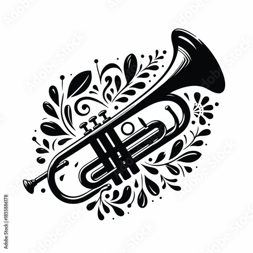 Black trumpet with floral design on white background vector